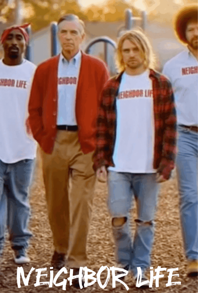 Neighbor Life Band featuring: Tupac, Mr. Rogers, Kurt Cobain, and Bob Ross.